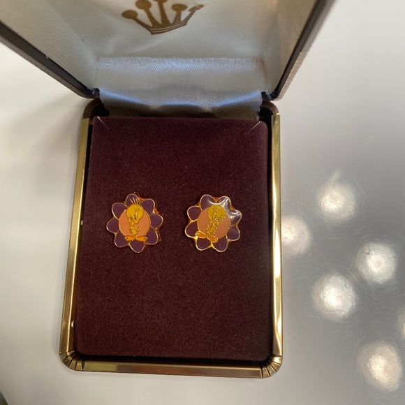 Tweety 90s Vintage Looney Tunes Gold Trim Purple Flower Earrings - Picture 3 of 6